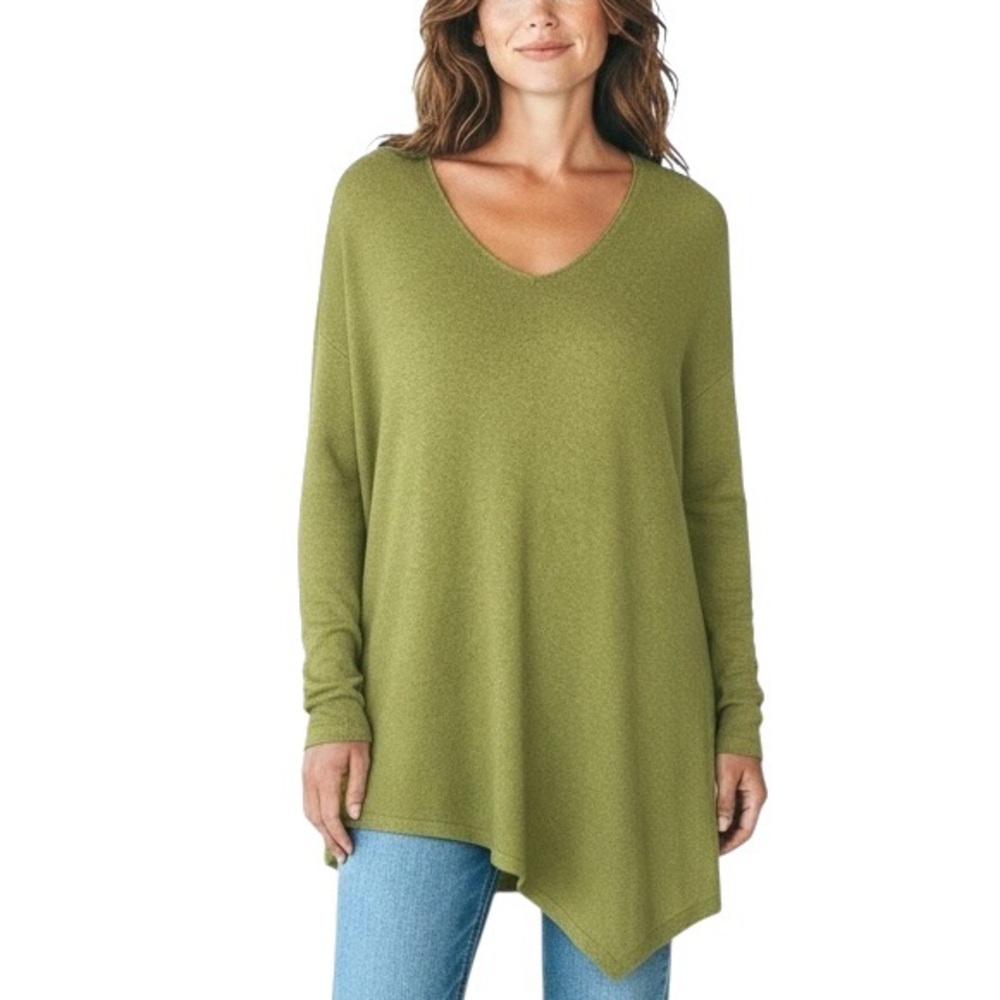 Pure Jill Chartreuse Green V-Neck Cotton Blend Nubby Asymmetric Sweater - Medium